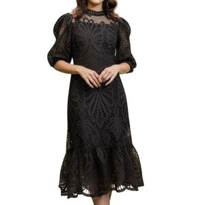 # A095   N BY NANCY  Romantic  Black Puff Sleeve Crochet Lace Dress  NWT  L